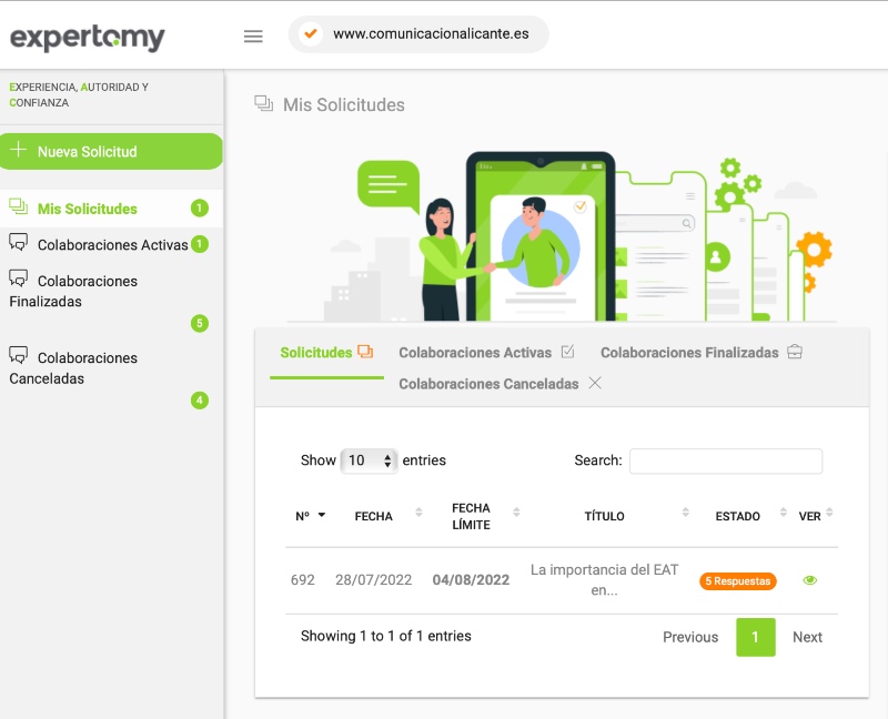 Interfaz de la herramienta Expertomy, herramienta para la gestión del E-A-T entre medios de comunicación y/o agencias con expertos, con la que se ha realizado esta entrevista. 